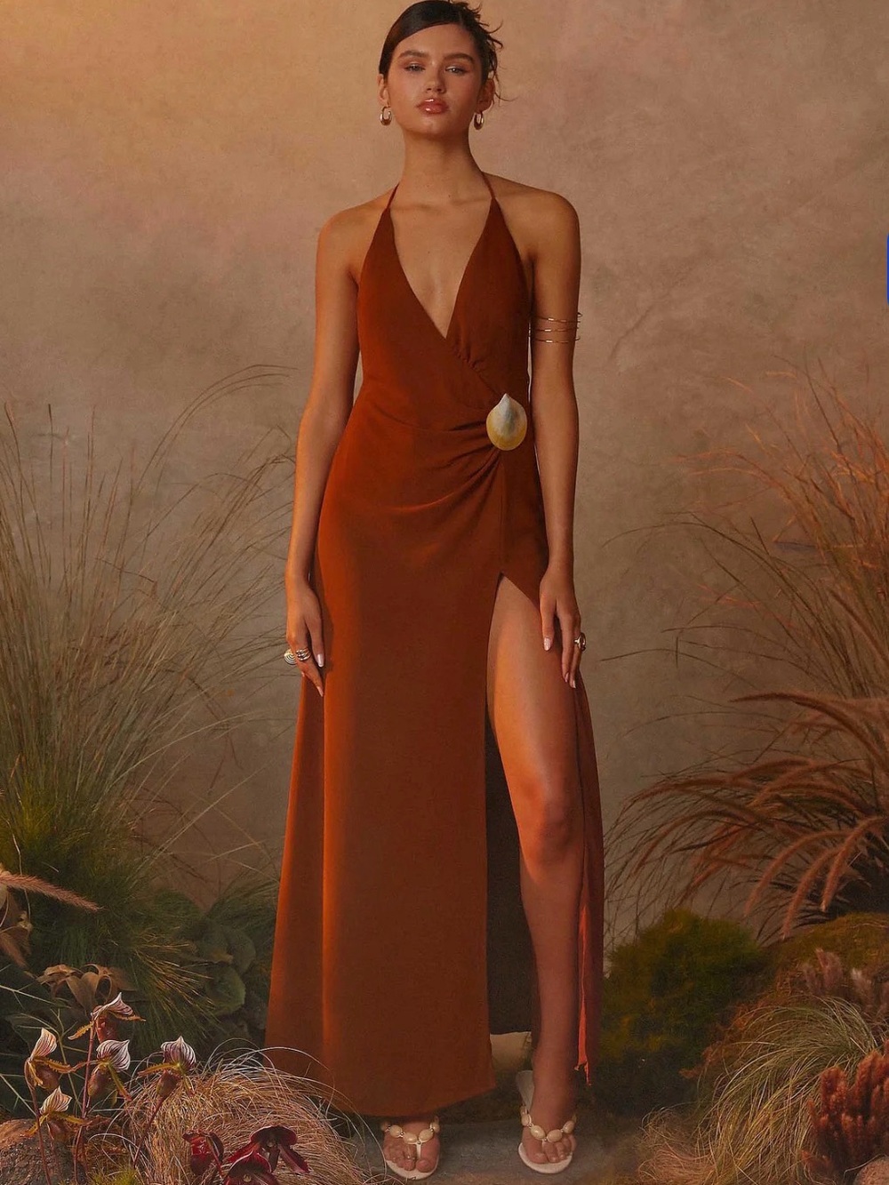 Peppermayo Halter V-Neck Maxi Dress in Burnt Orange